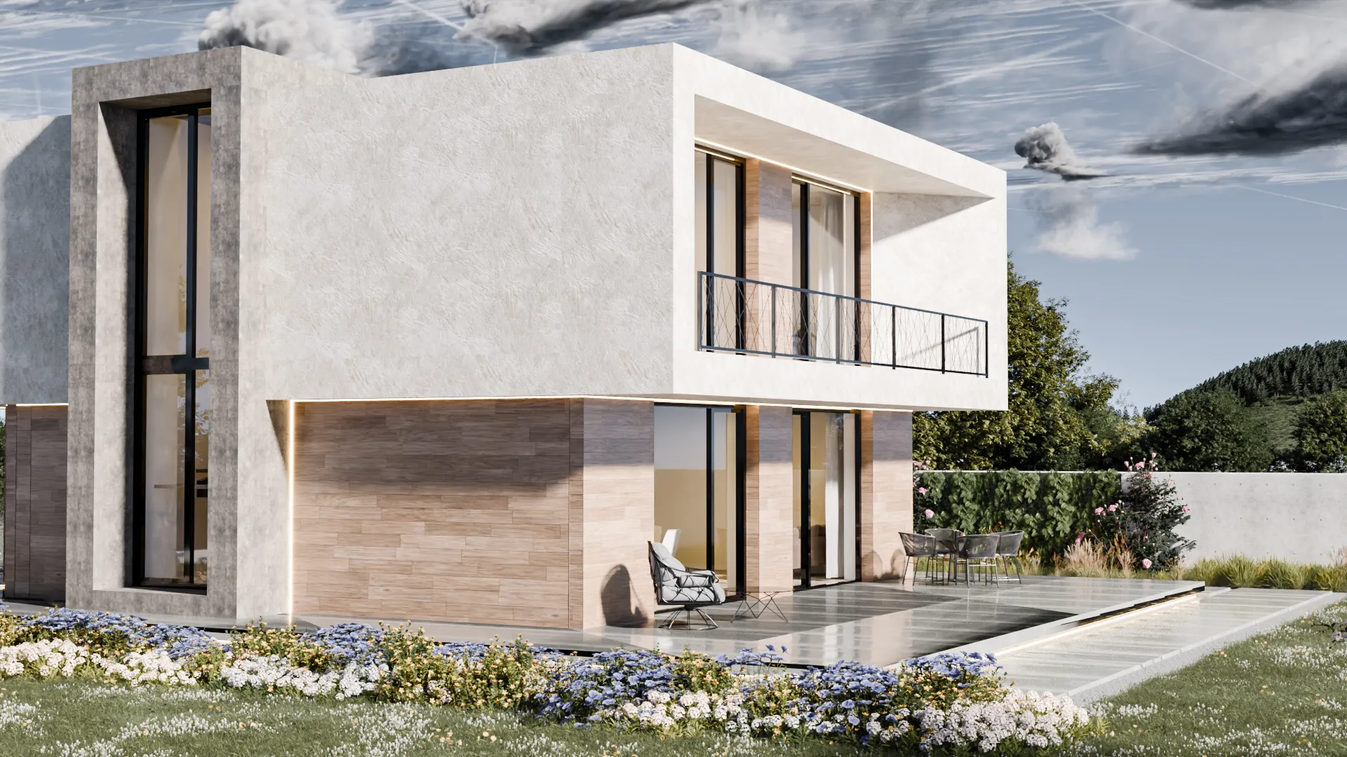 3D vizualizácia funkčného rodinného domu navrhnutého pre každodenný život.